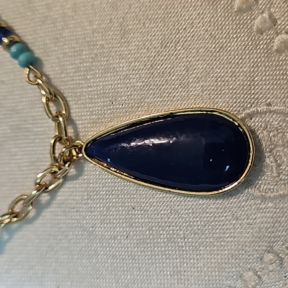 Vintage Napier Goldtone w/Blue Pendant & Blue Beaded Necklace - Picture 2 of 5